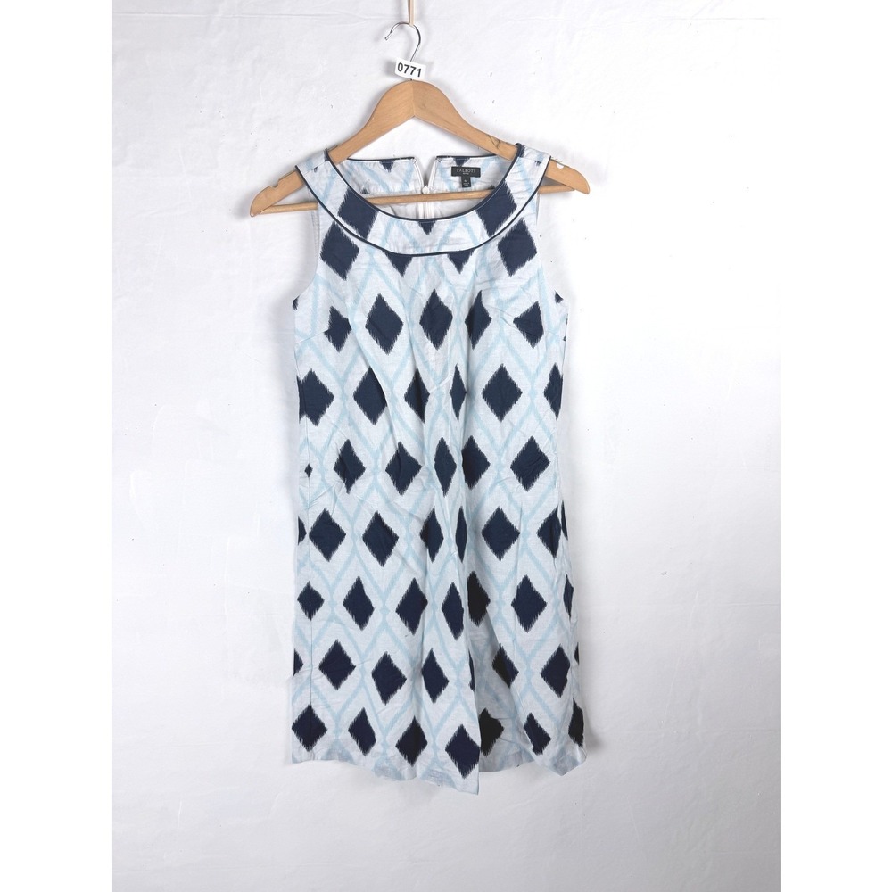2/$30 Talbots Blue White Diamond Pattern Sleeveless Linen Blend Shift Dress 6P